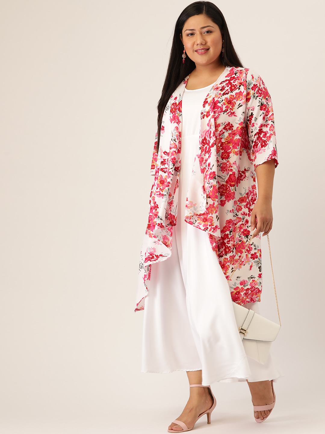 Women's Plus SizeWhite Solid Maxi Dress With Floral Shrug