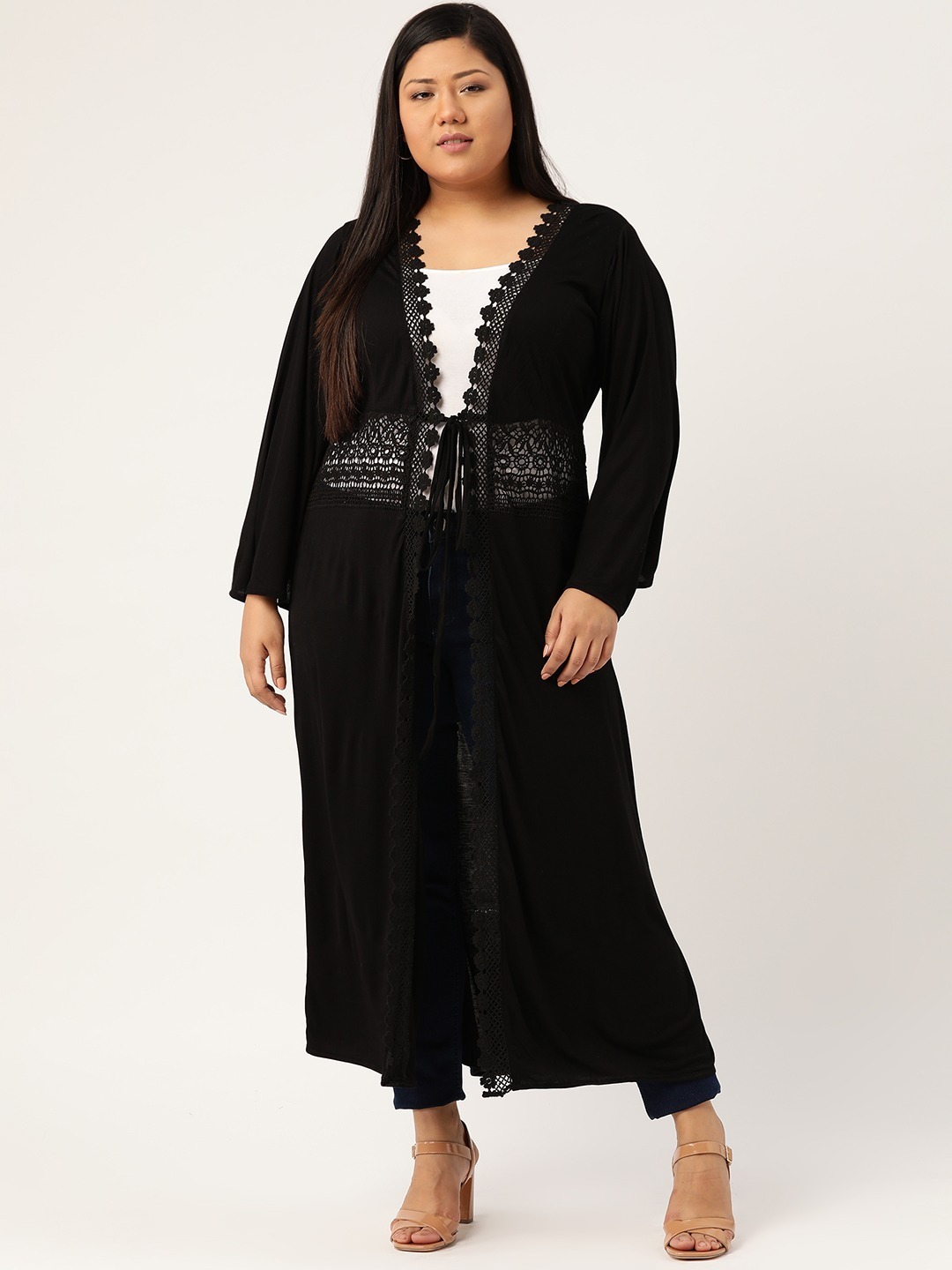 Women's Plus Size Black Solid Color Longline Tie-Up Shrug
