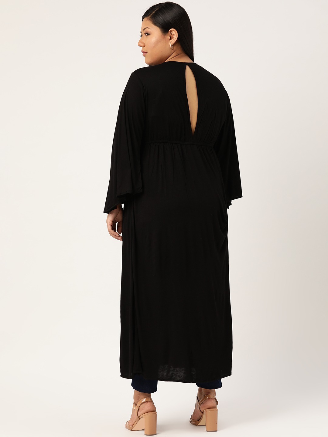 Women's Plus Size Black Solid Color Longline Tie-Up Shrug