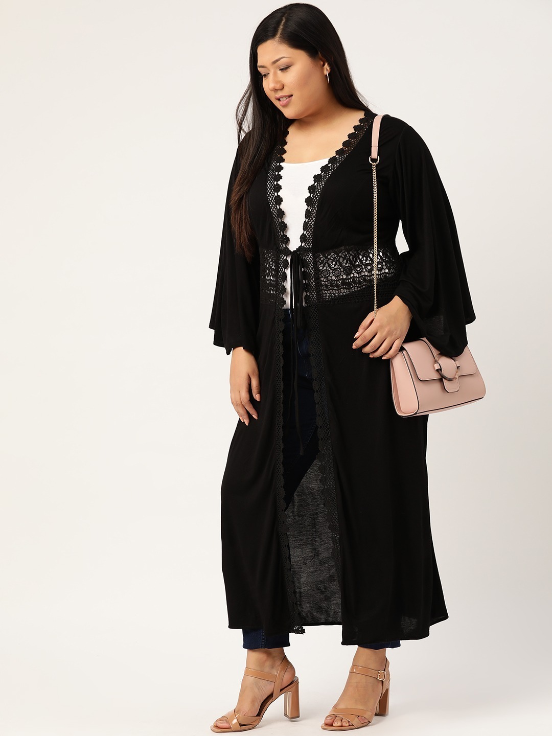 Women's Plus Size Black Solid Color Longline Tie-Up Shrug