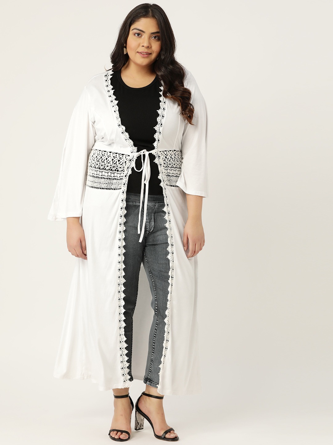 Women's Plus Size White Solid Color Longline Tie-Up Shrug