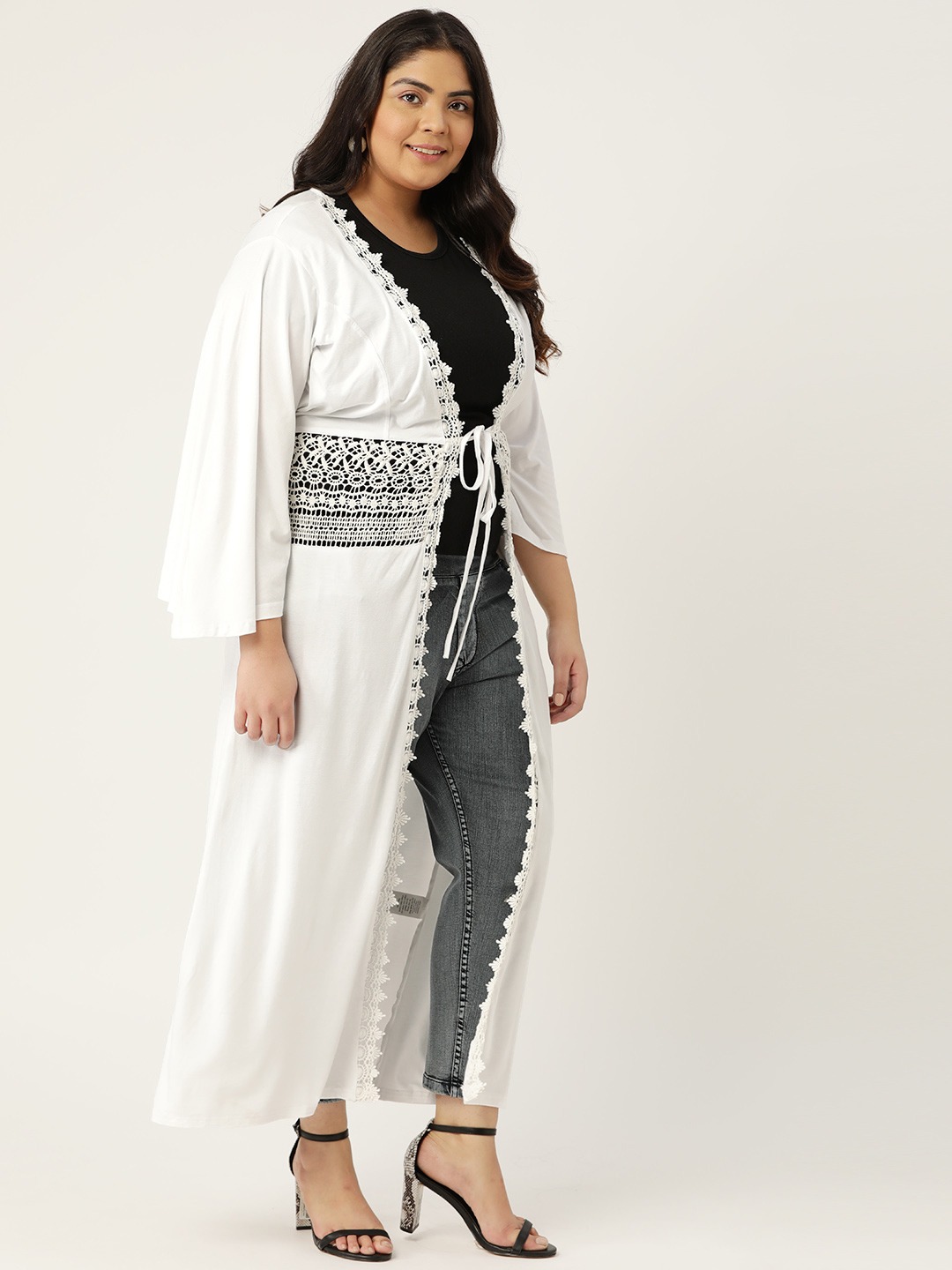 Women's Plus Size White Solid Color Longline Tie-Up Shrug