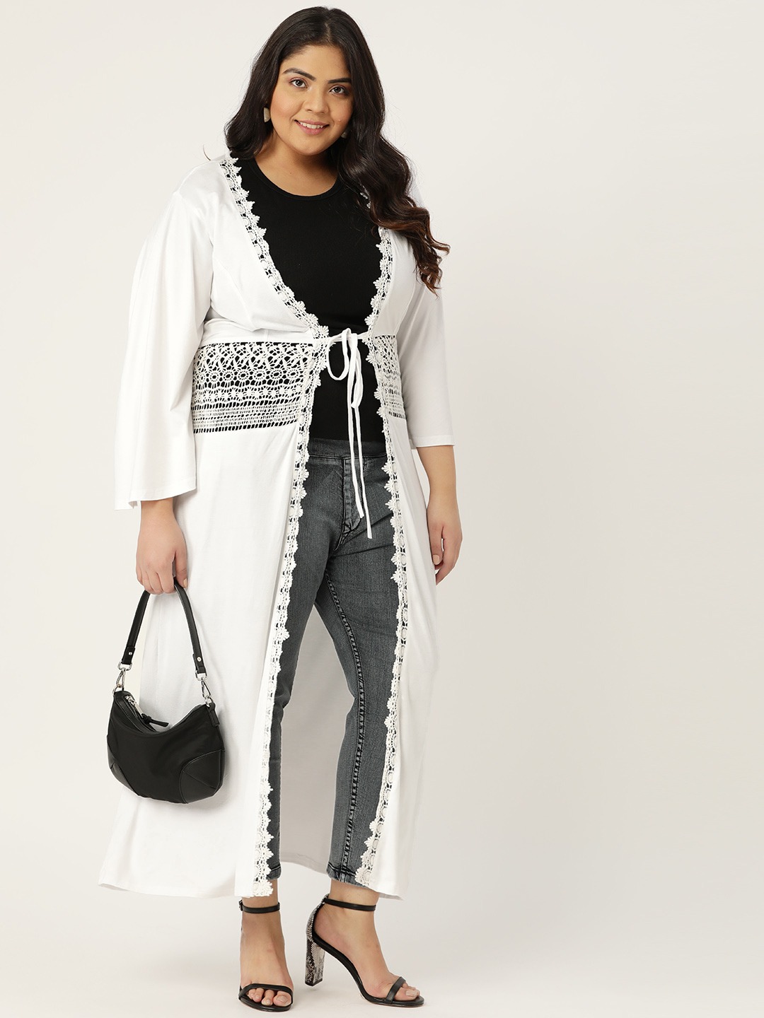 Women's Plus Size White Solid Color Longline Tie-Up Shrug