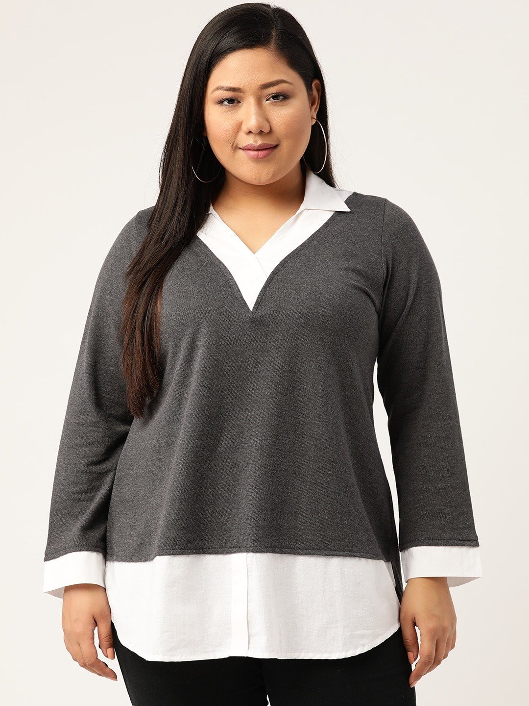 Women's Plus SizeCharcoal Grey & White Shirt Collar Cotton Top