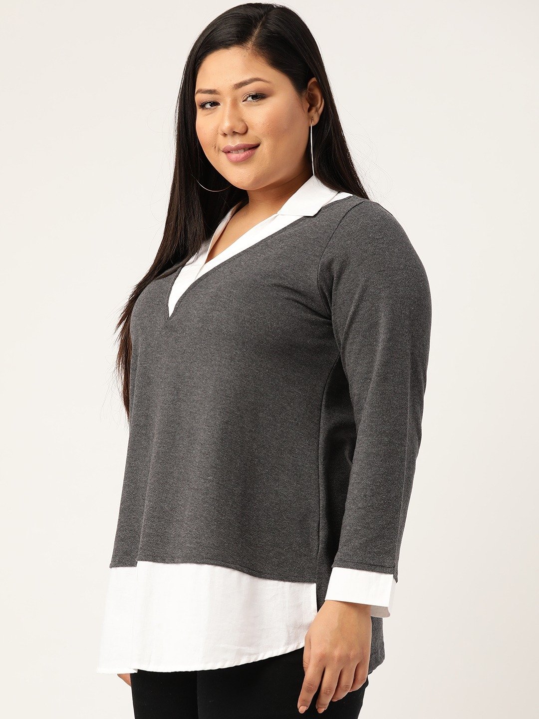 Women's Plus SizeCharcoal Grey & White Shirt Collar Cotton Top