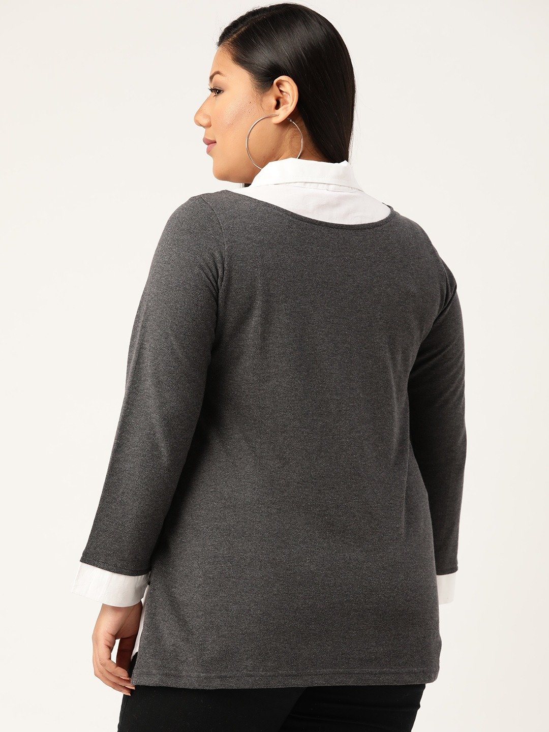 Women's Plus SizeCharcoal Grey & White Shirt Collar Cotton Top