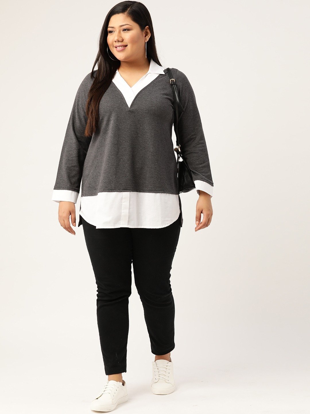 Women's Plus SizeCharcoal Grey & White Shirt Collar Cotton Top