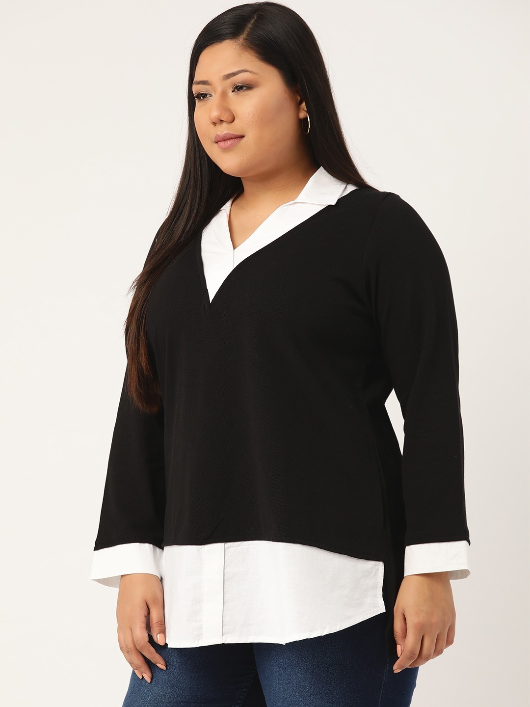 Women's Plus SizeBlack & White Shirt Collar Cotton Top