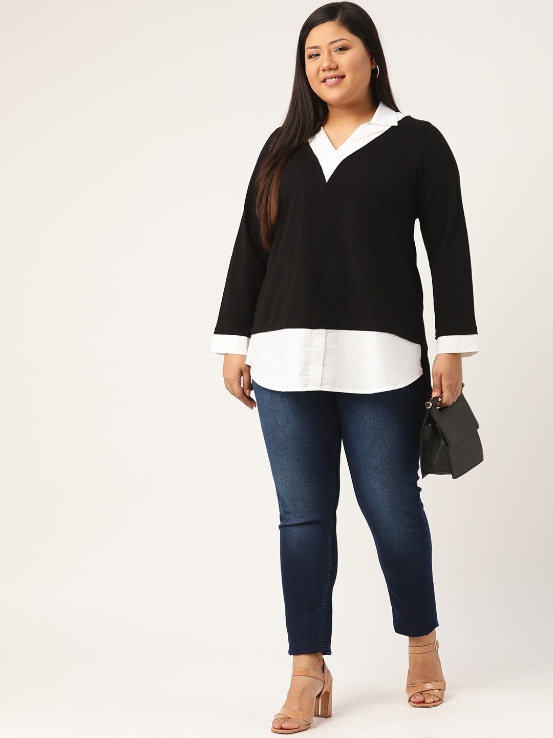 Women's Plus SizeBlack & White Shirt Collar Cotton Top