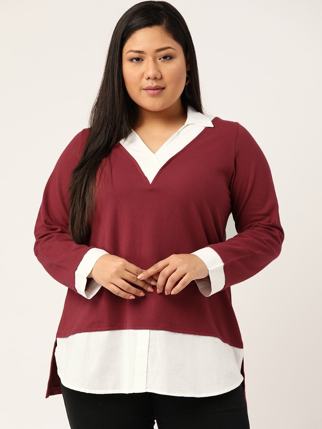Women's Plus SizeMaroon & White Shirt Collar Cotton Top