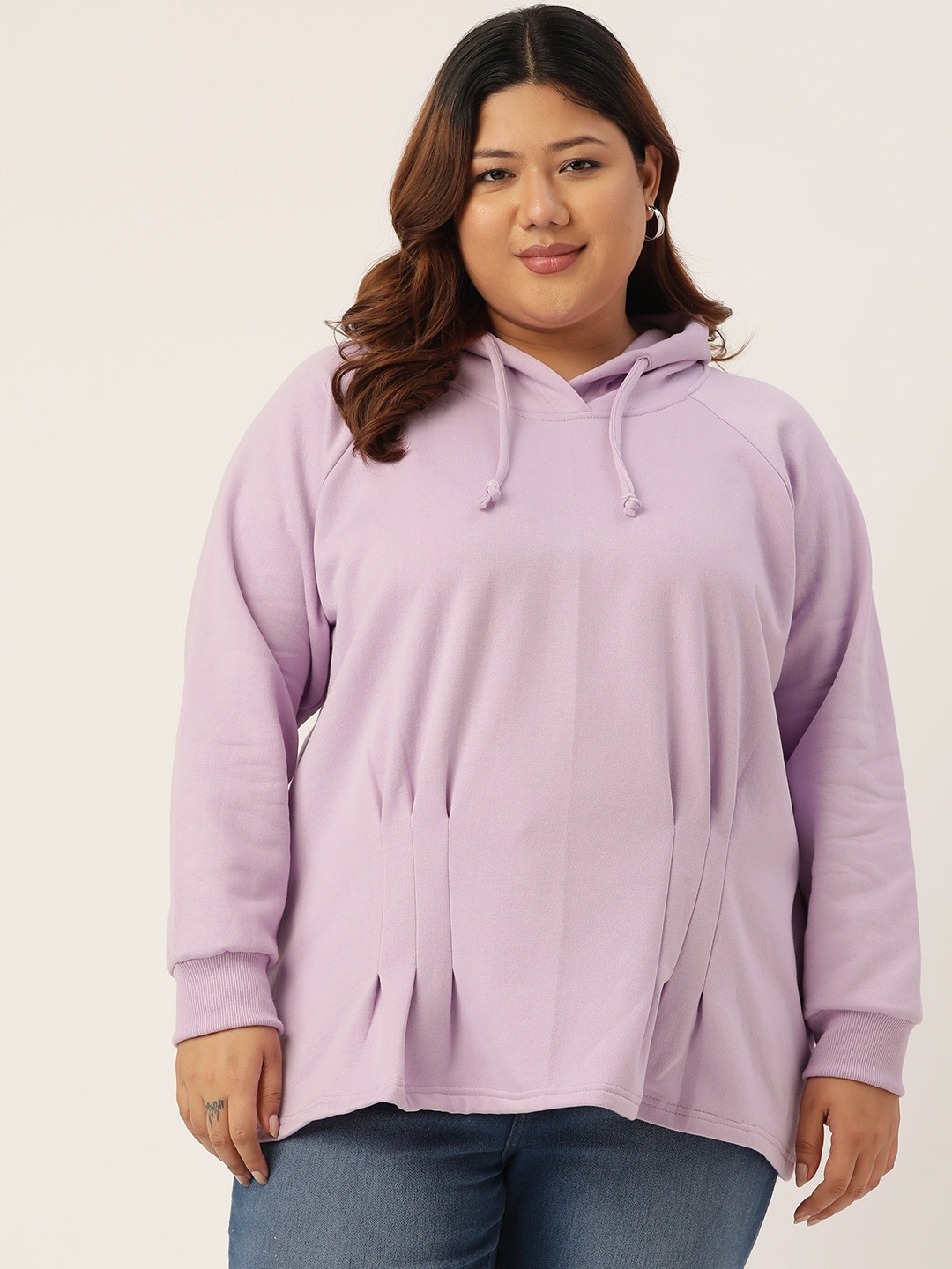 Women's Plus Size Lilac Solid Color Pleated Hooded Sweatshirt