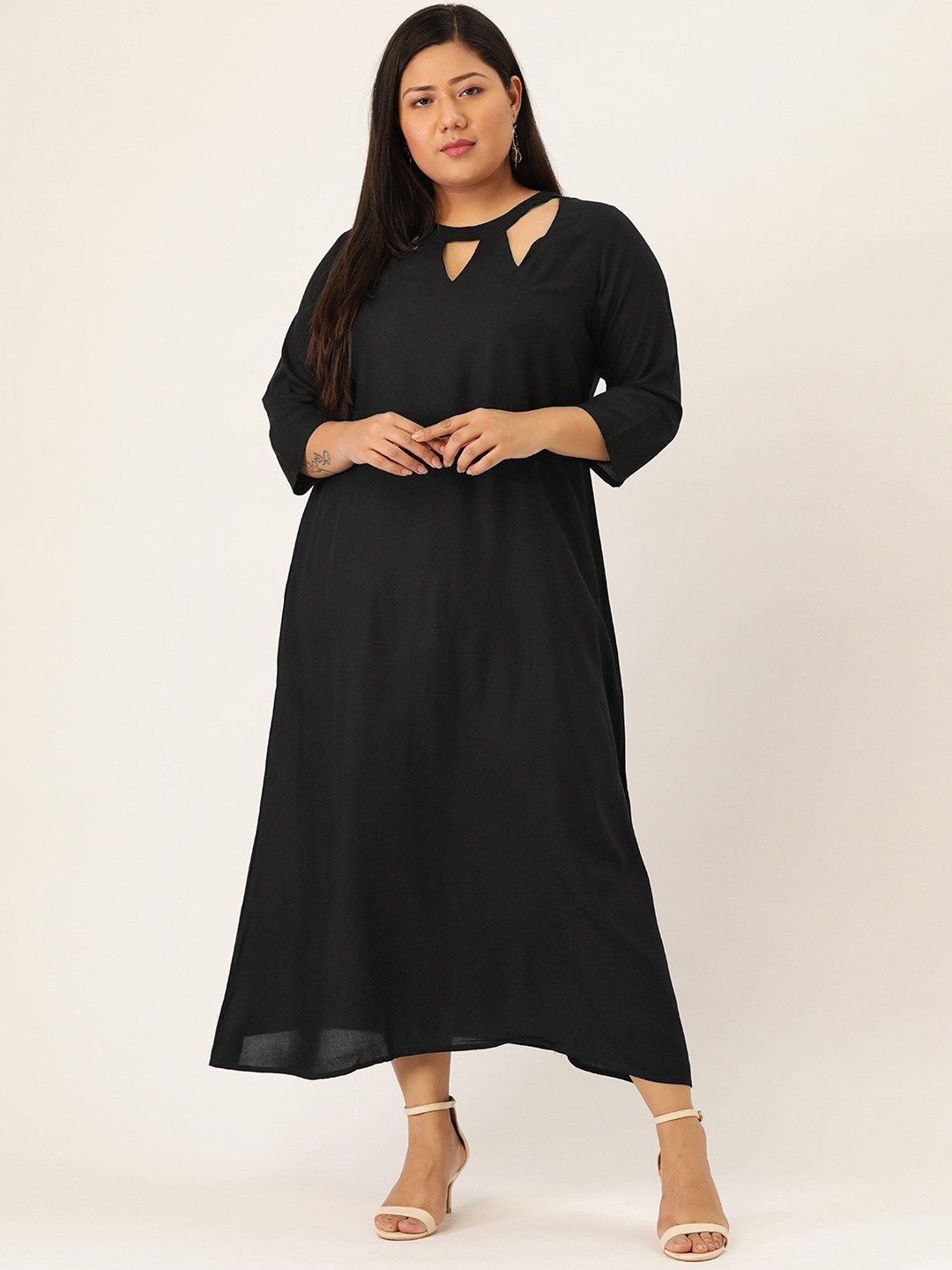Women's Plus SizeBlack Solid Color A-Line Midi Dress
