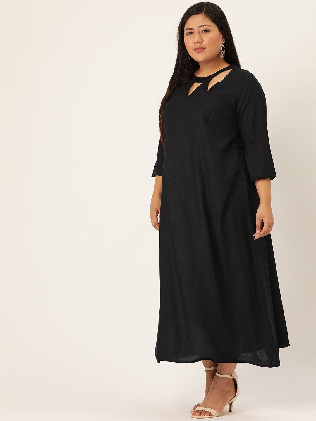 Women's Plus SizeBlack Solid Color A-Line Midi Dress