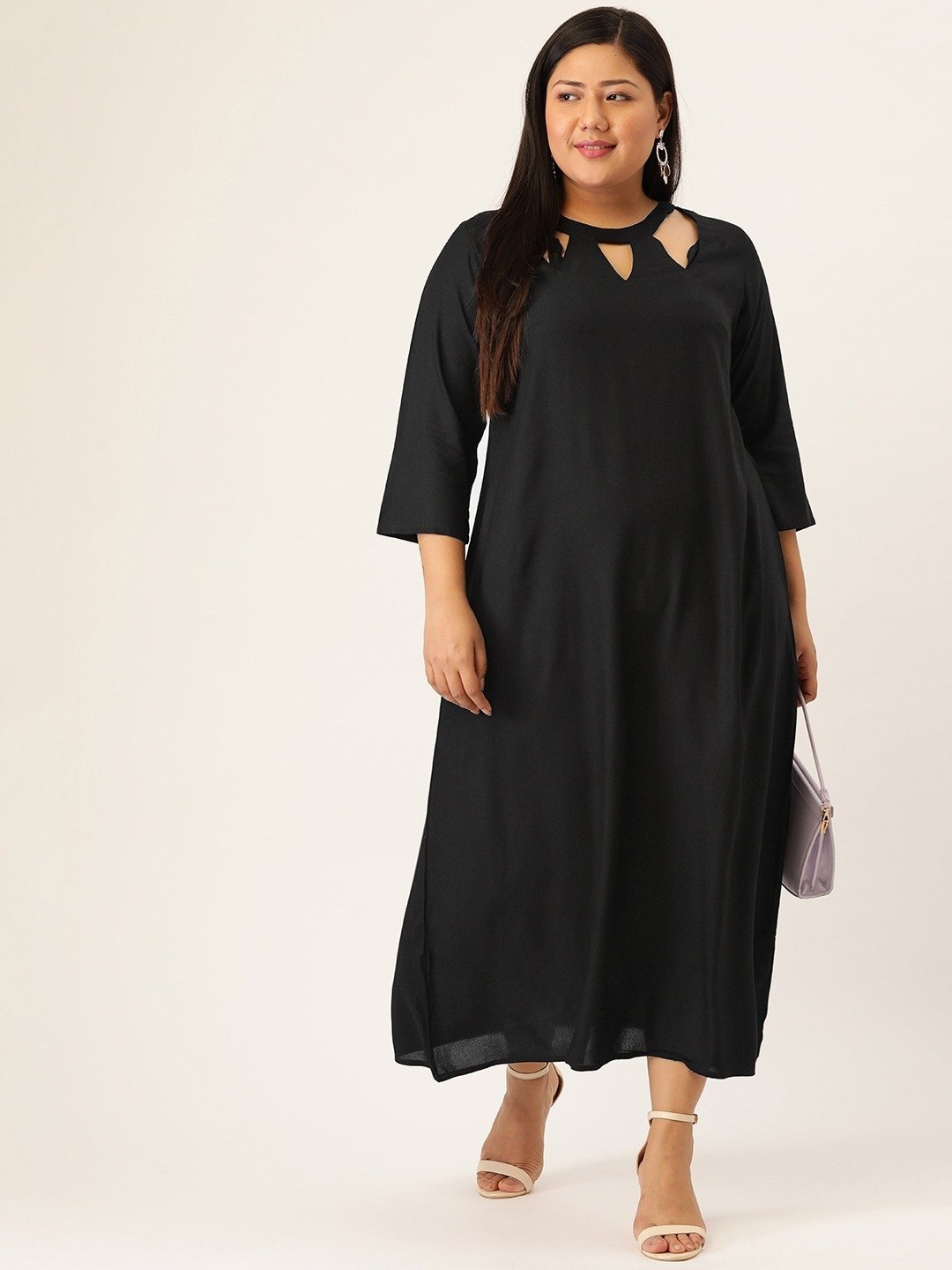 Women's Plus SizeBlack Solid Color A-Line Midi Dress