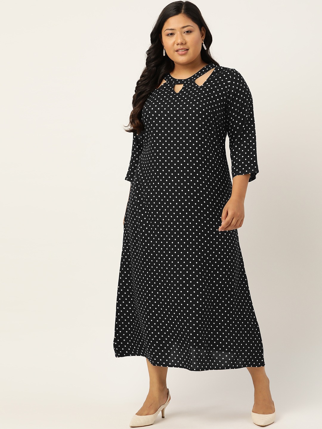 Women's Plus SizeBlack & White Polka Dots Printed A-Line Midi Dress