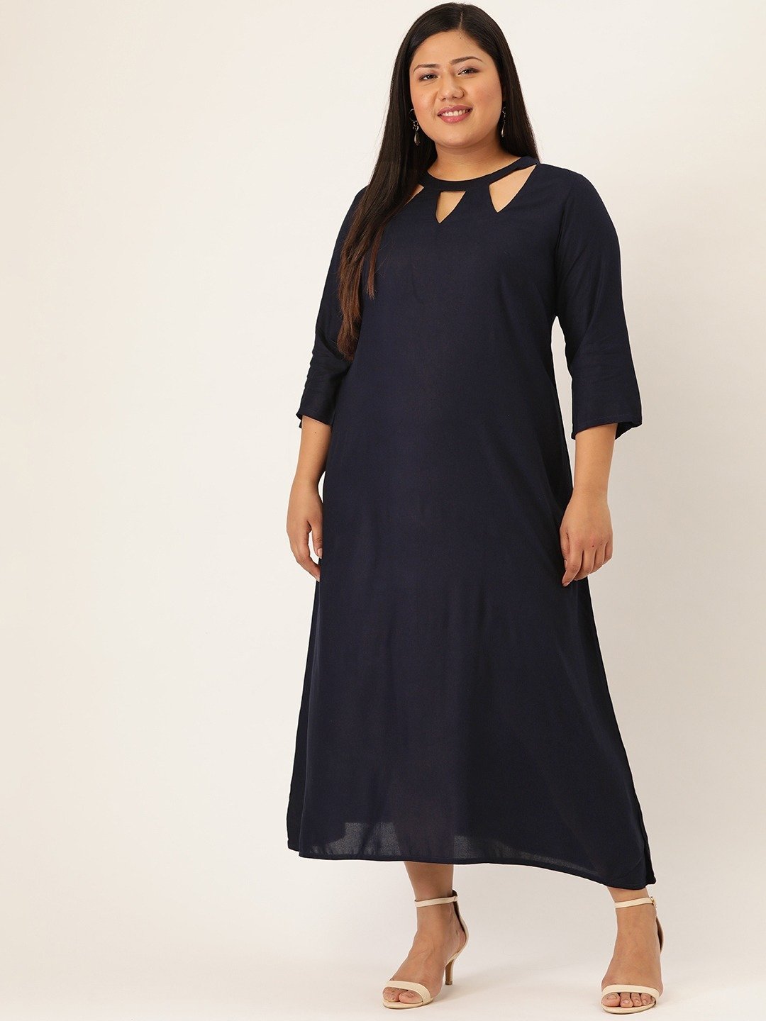 Women's Plus SizeNavy Blue Solid Color A-Line Midi Dress