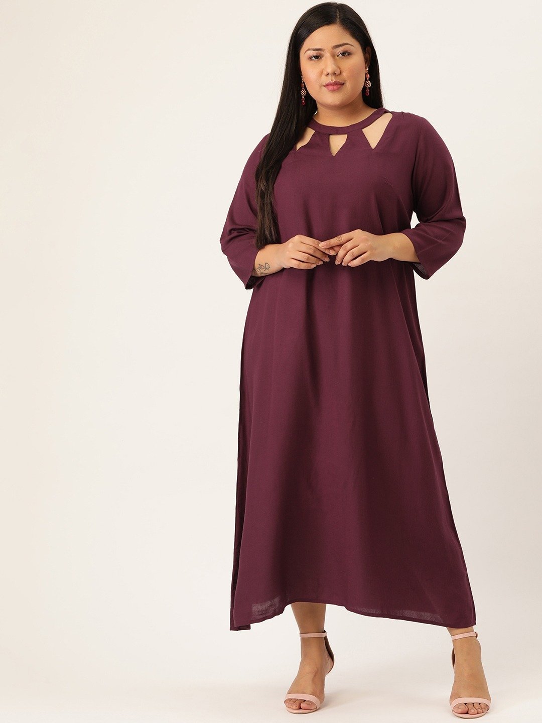 Women's Plus SizePlum Solid Color A-Line Midi Dress