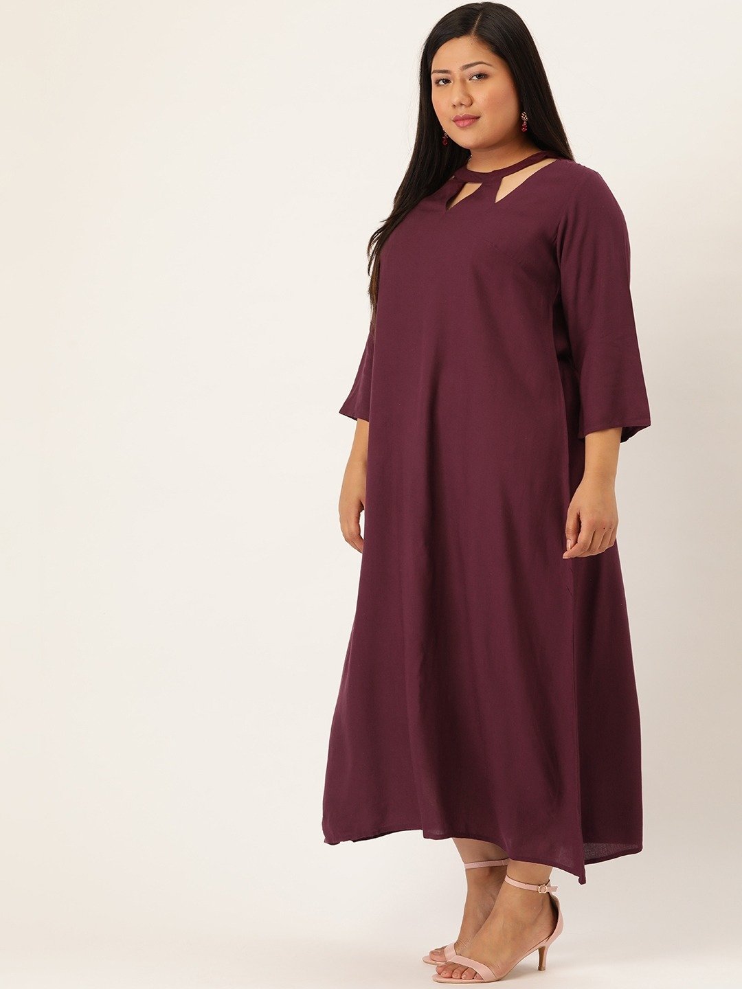 Women's Plus SizePlum Solid Color A-Line Midi Dress
