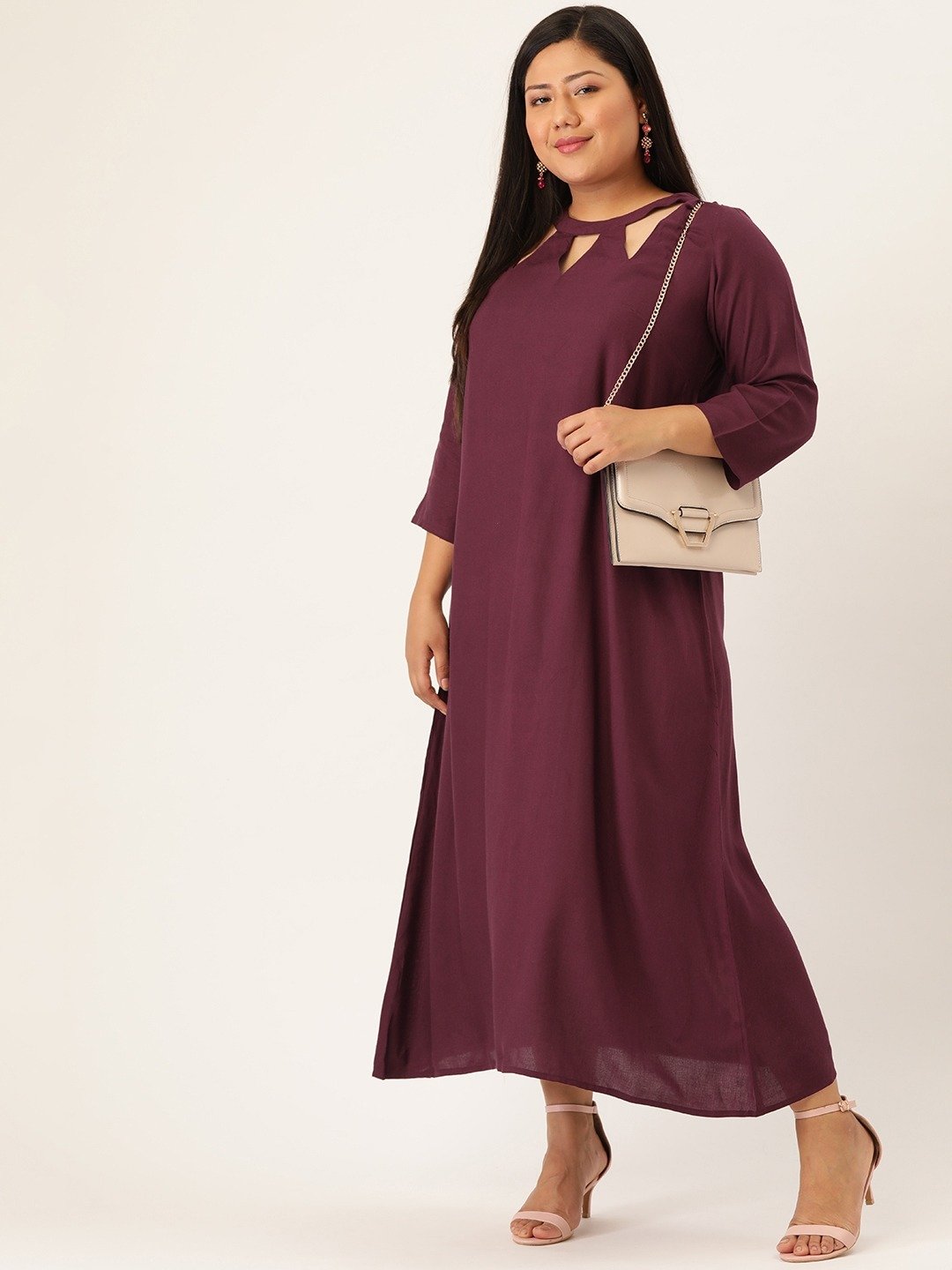 Women's Plus SizePlum Solid Color A-Line Midi Dress