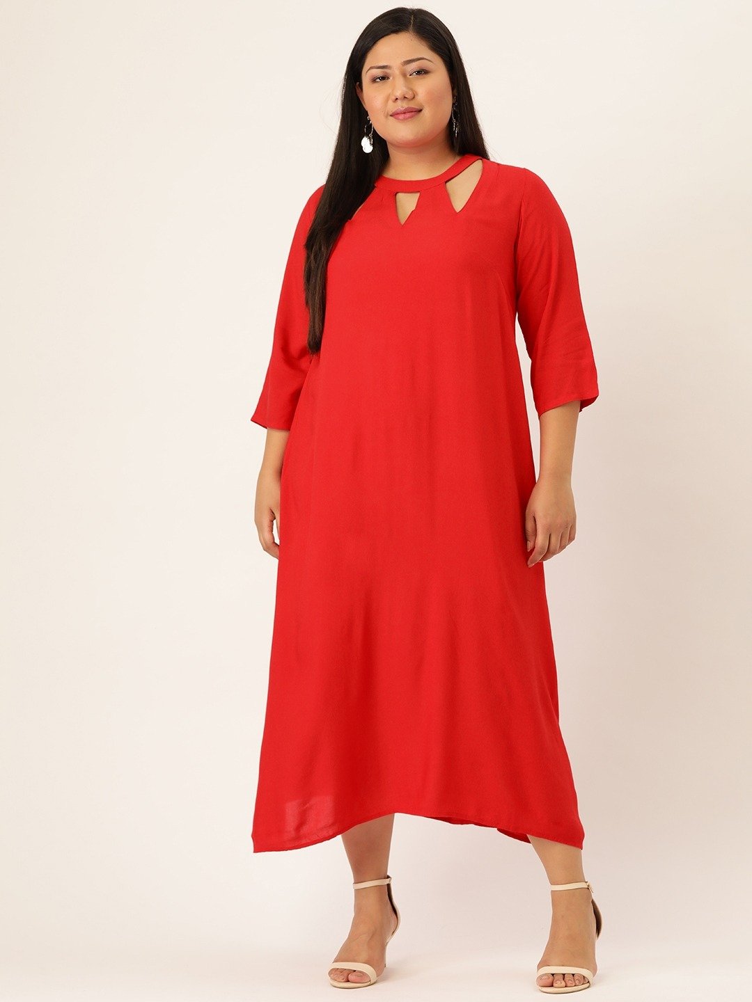 Women's Plus SizeRed Solid Color A-Line Midi Dress