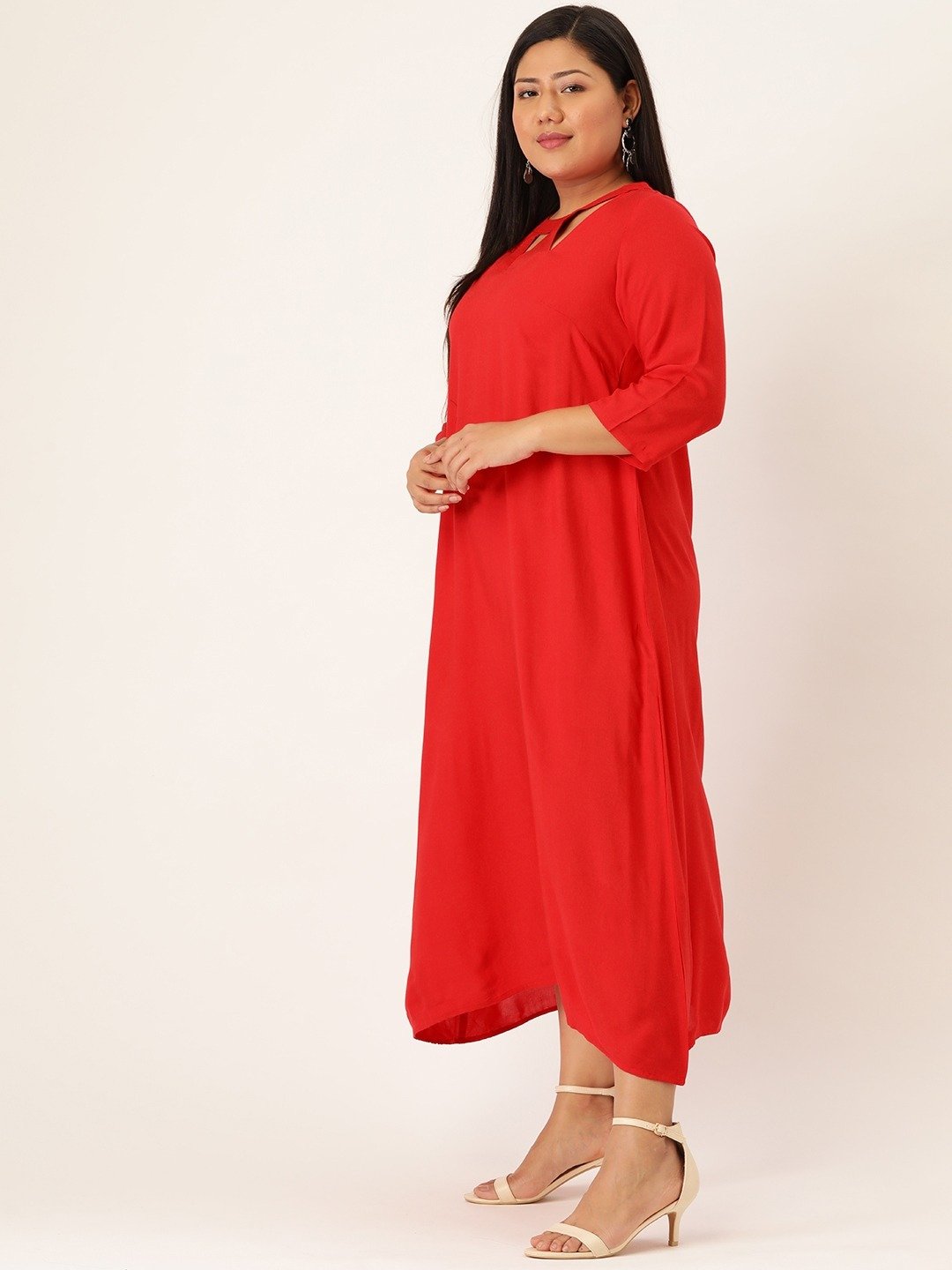 Women's Plus SizeRed Solid Color A-Line Midi Dress