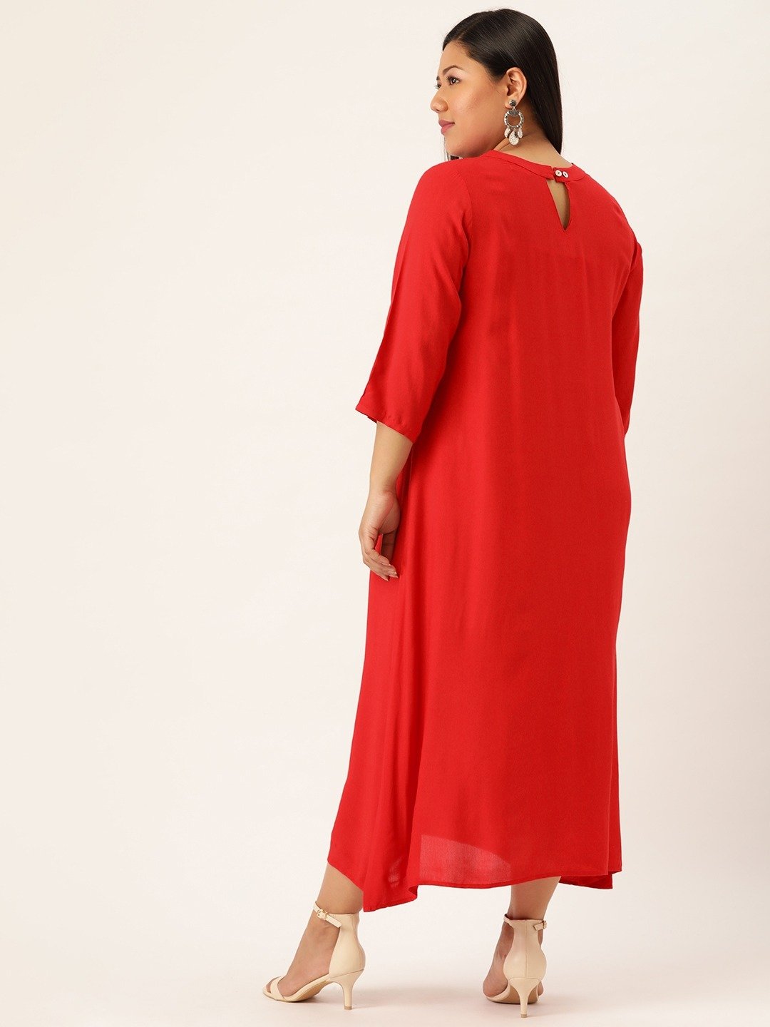 Women's Plus SizeRed Solid Color A-Line Midi Dress