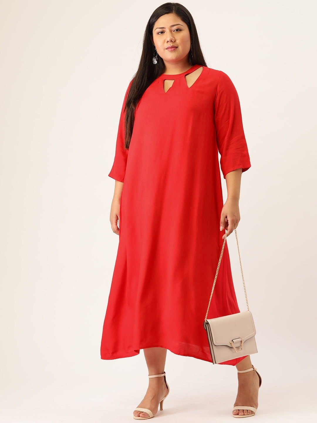 Women's Plus SizeRed Solid Color A-Line Midi Dress