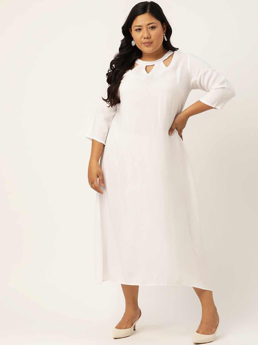 Women's Plus Size White Solid Color A-Line Midi Dress