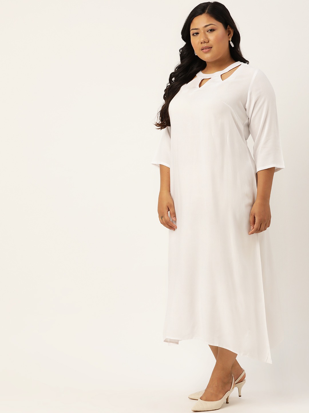 Women's Plus Size White Solid Color A-Line Midi Dress