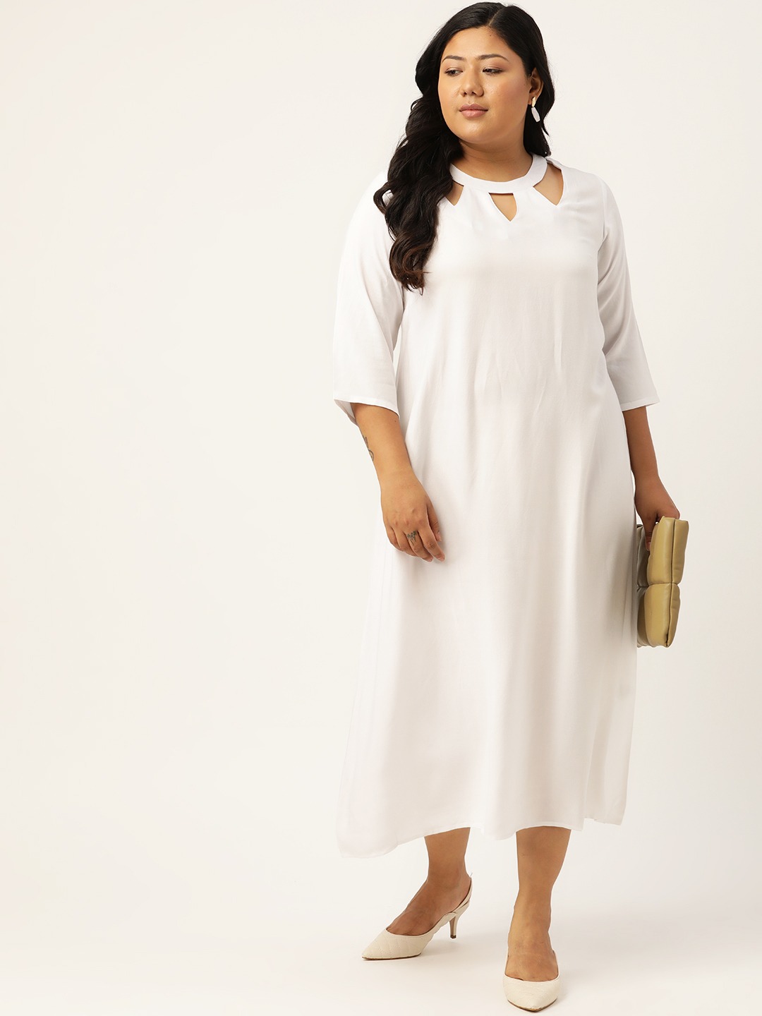 Women's Plus Size White Solid Color A-Line Midi Dress