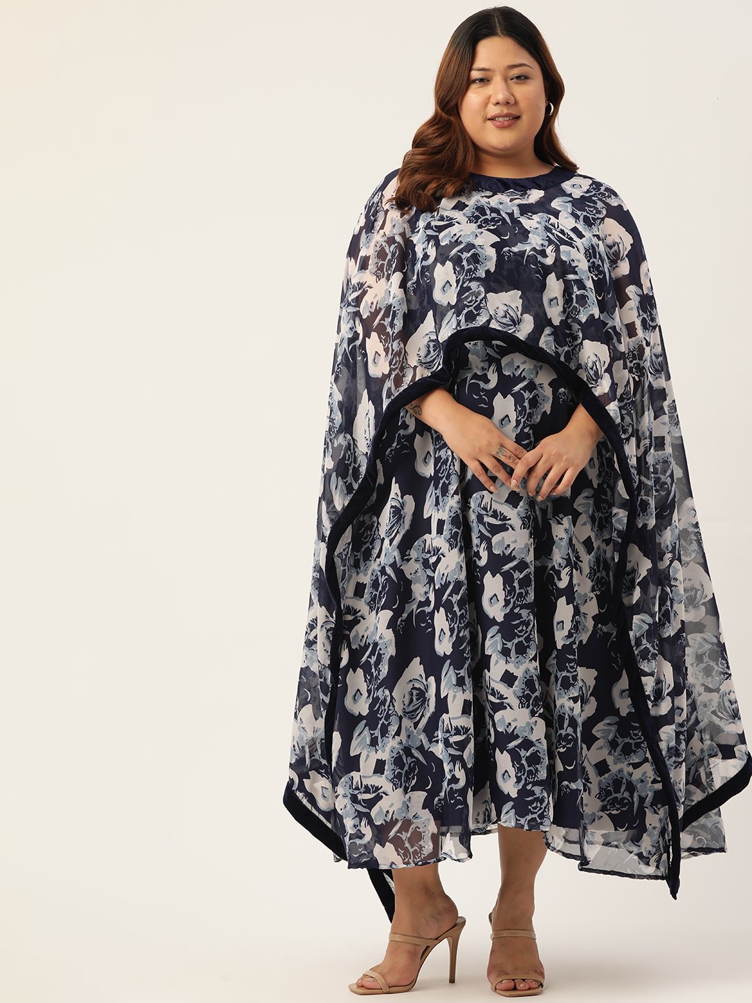 Women's Plus SizeNavy Rose Printed Georgette Party Wear Dress