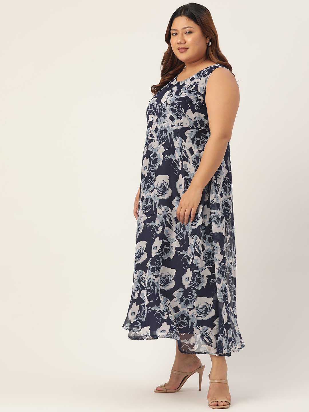 Women's Plus SizeNavy Rose Printed Georgette Party Wear Dress