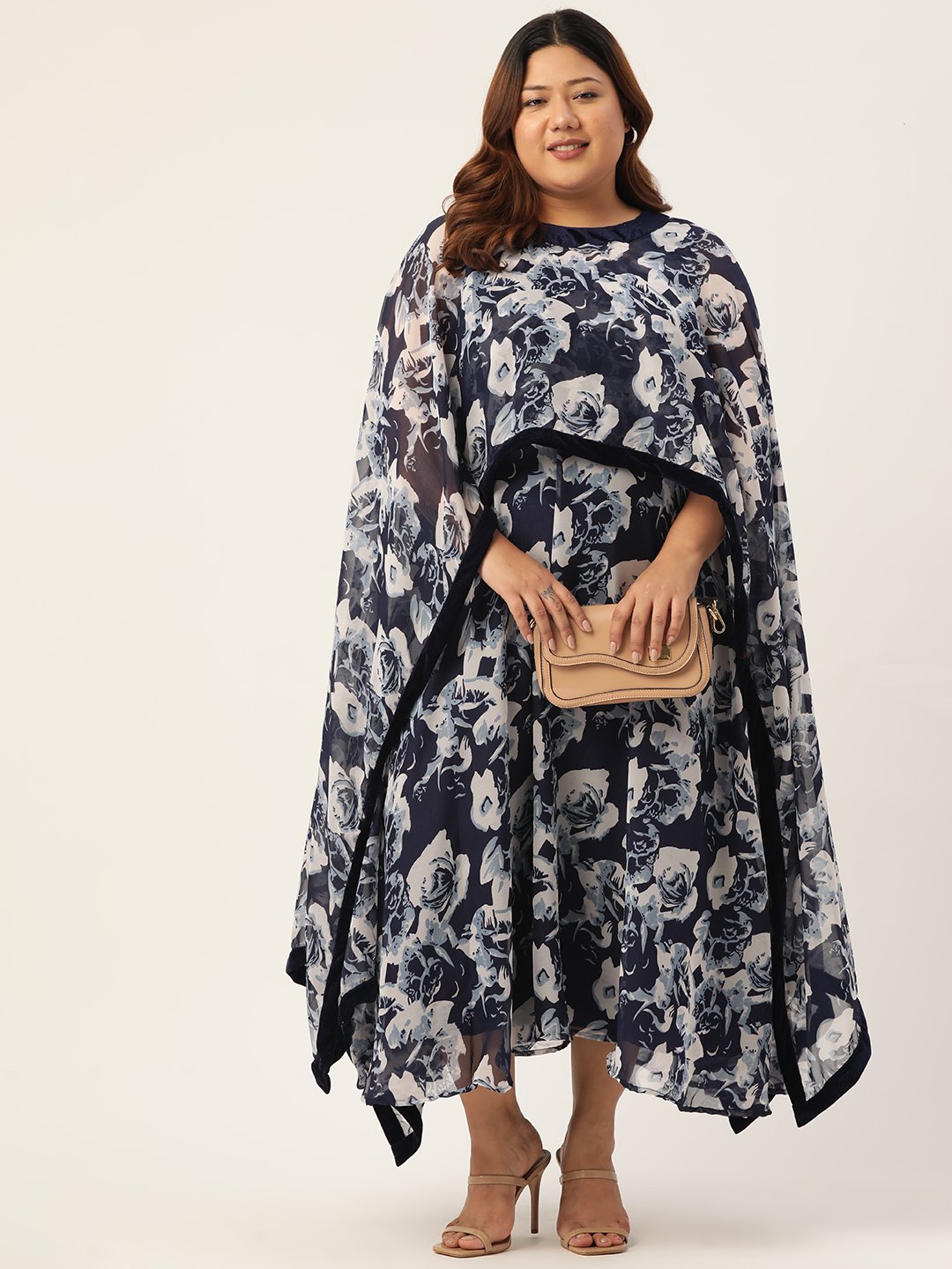 Women's Plus SizeNavy Rose Printed Georgette Party Wear Dress