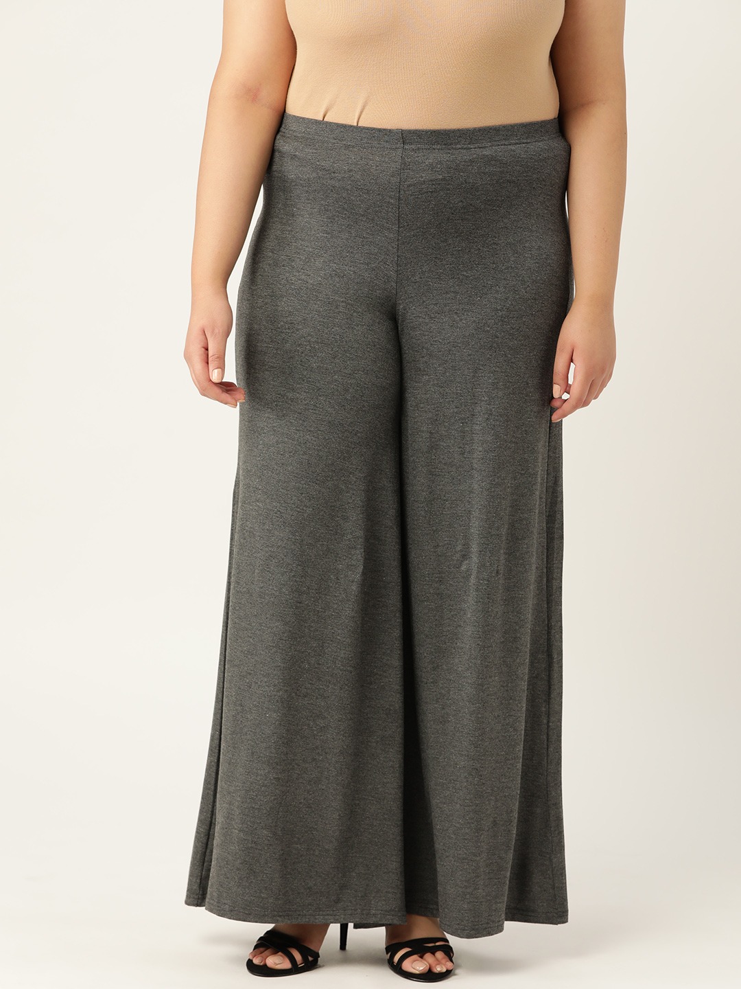 Women's Plus Size Anthragrey / Charcoal Grey Solid Color Knitted Flared Palazzo