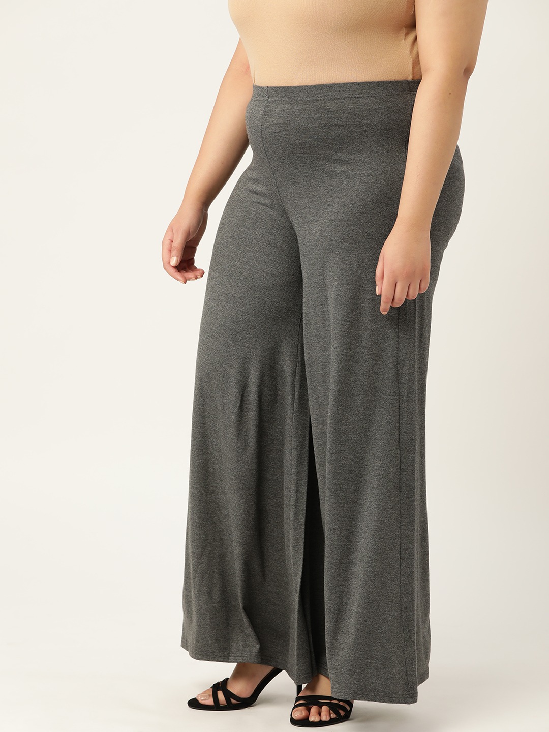Women's Plus Size Anthragrey / Charcoal Grey Solid Color Knitted Flared Palazzo