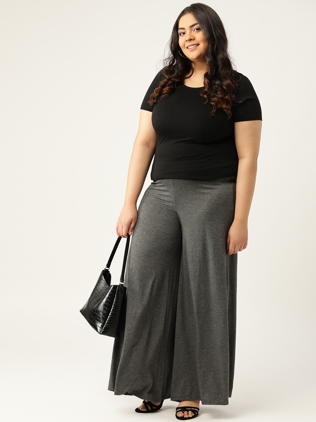 Women's Plus Size Anthragrey / Charcoal Grey Solid Color Knitted Flared Palazzo