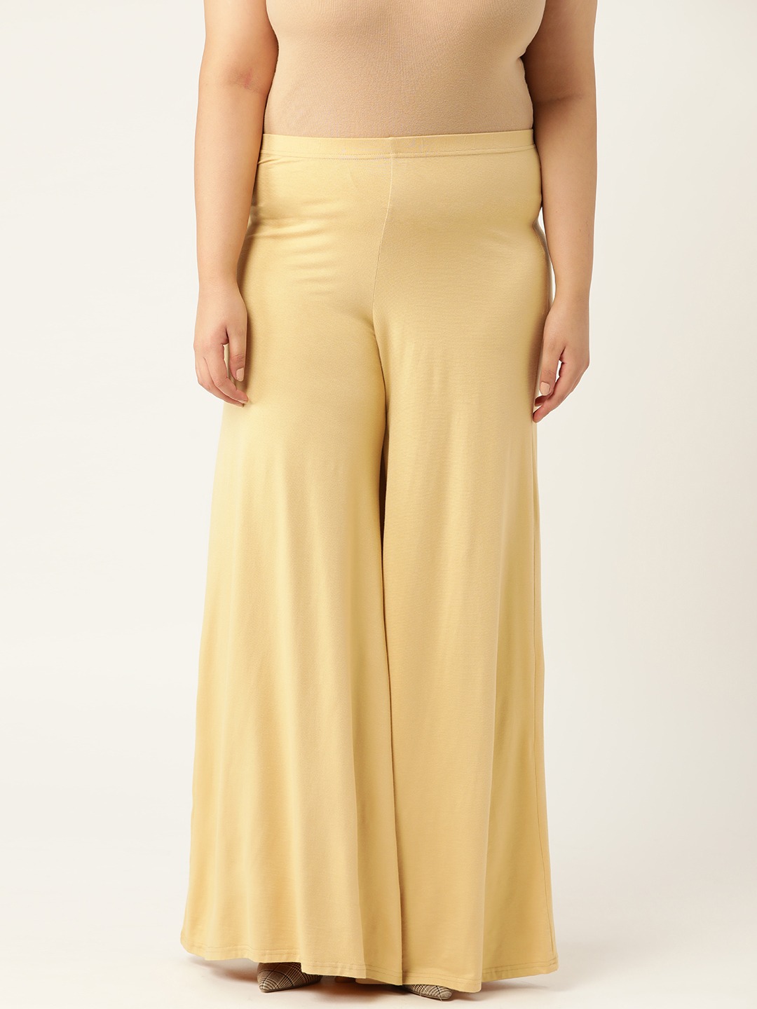 Women's Plus Size Beige Solid Color Knitted Flared Palazzo