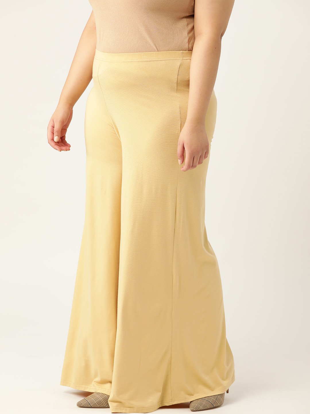 Women's Plus Size Beige Solid Color Knitted Flared Palazzo