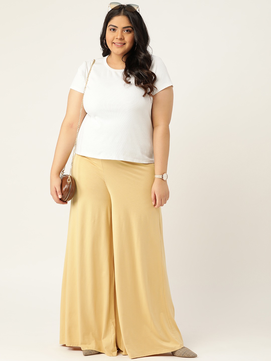 Women's Plus Size Beige Solid Color Knitted Flared Palazzo