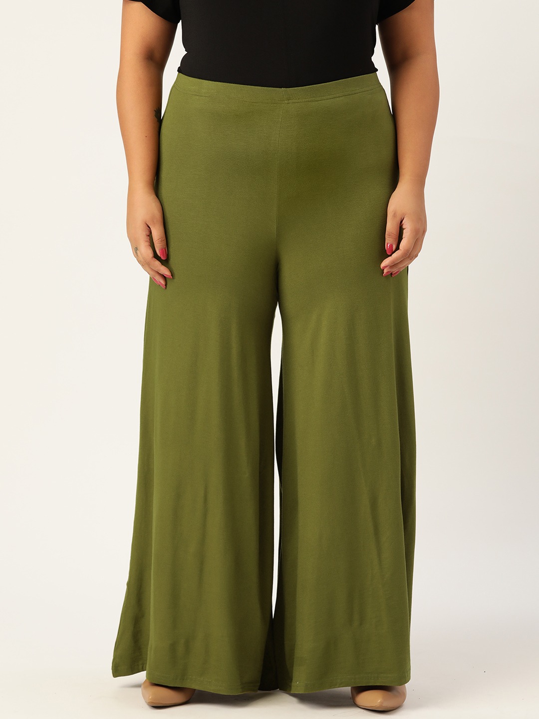 Women's Plus Size Olive Green Solid Color Knitted Flared Palazzo