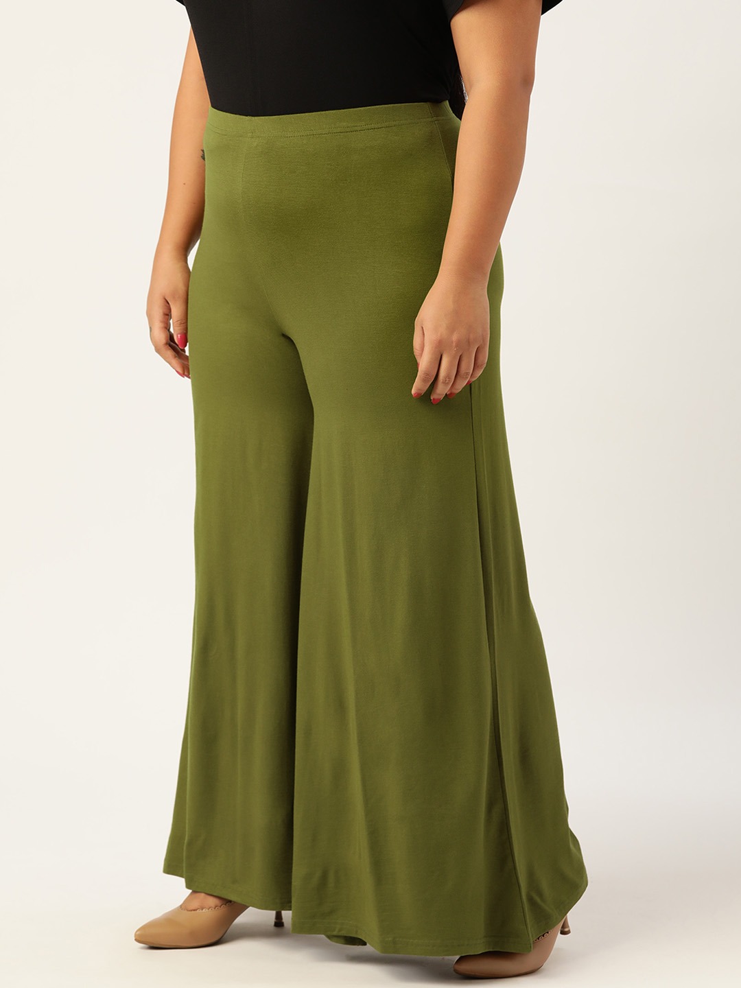 Women's Plus Size Olive Green Solid Color Knitted Flared Palazzo