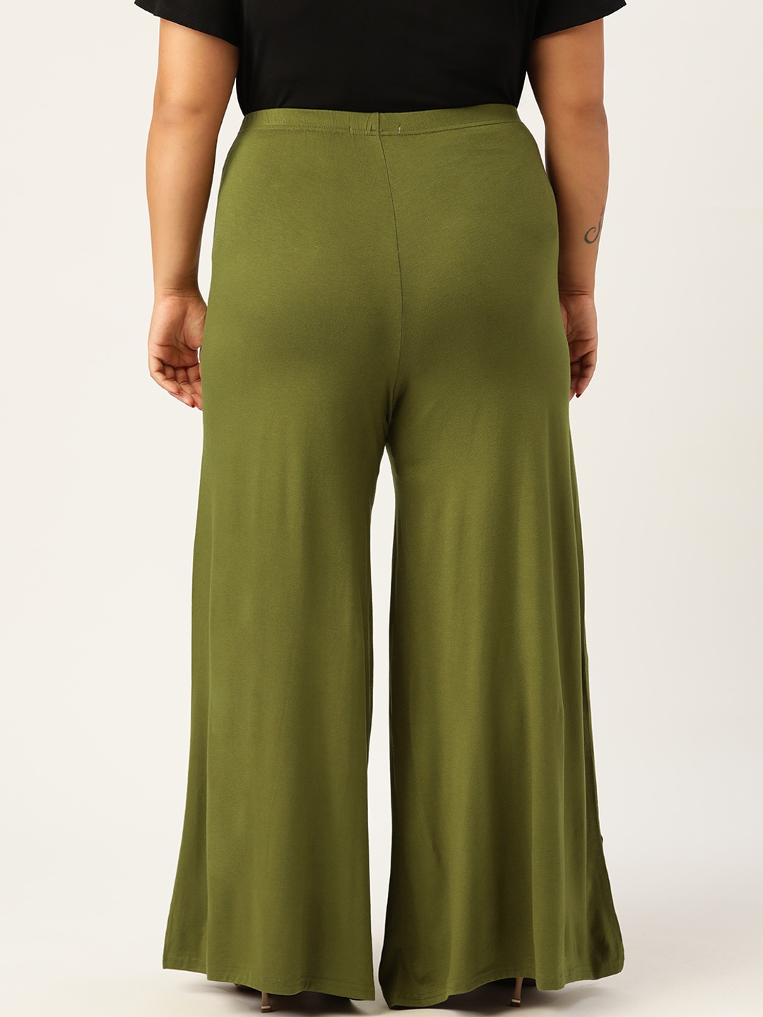 Women's Plus Size Olive Green Solid Color Knitted Flared Palazzo