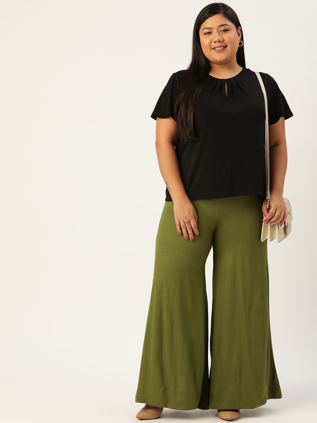 Women's Plus Size Olive Green Solid Color Knitted Flared Palazzo