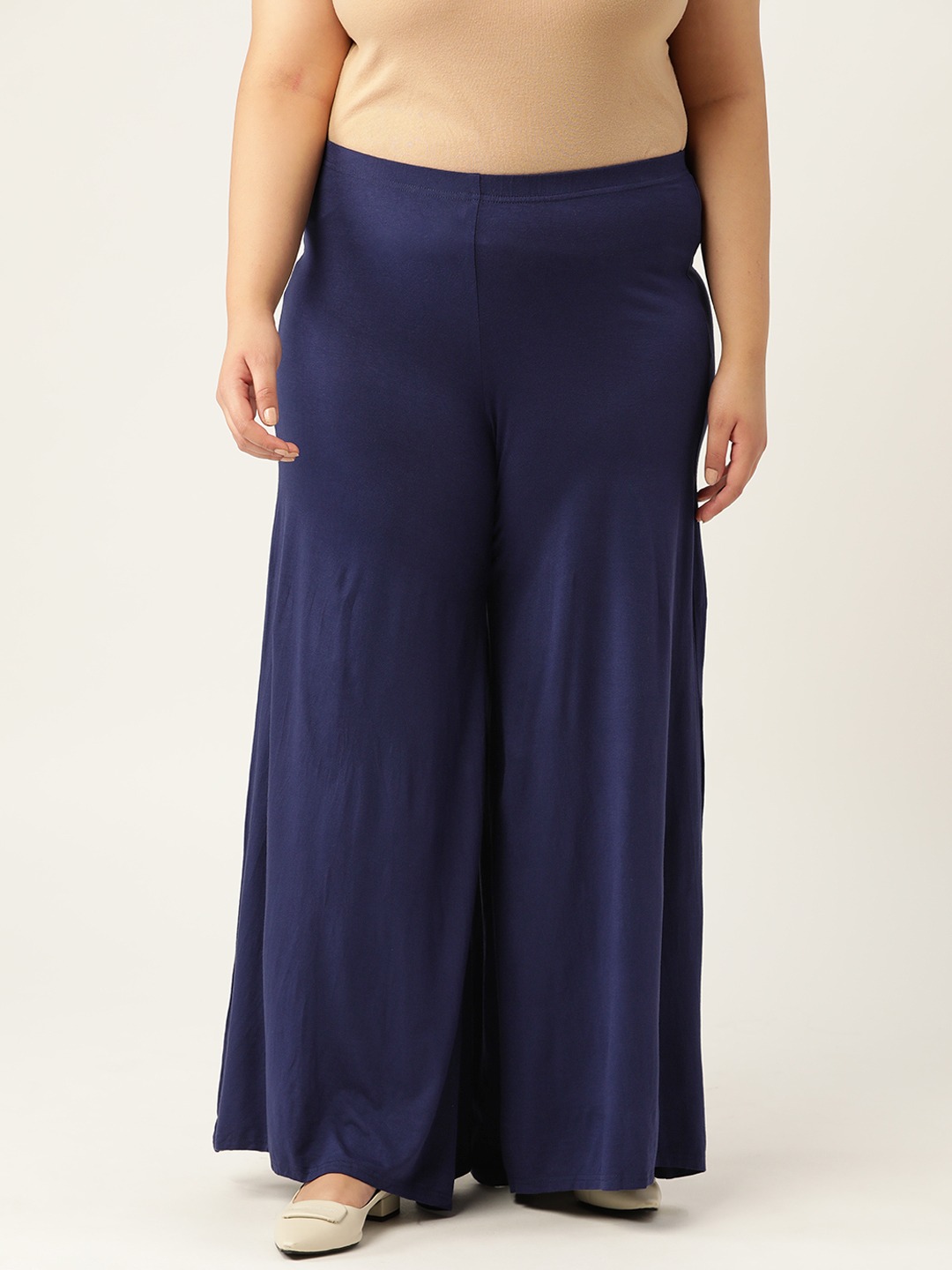 Women's Plus Size Navy Blue Solid Color Knitted Flared Palazzo