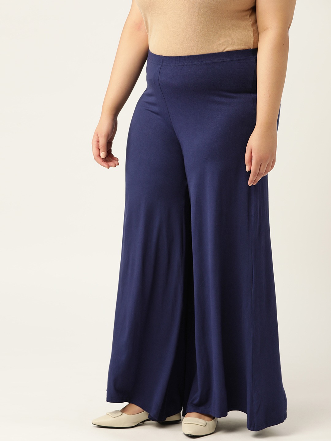 Women's Plus Size Navy Blue Solid Color Knitted Flared Palazzo