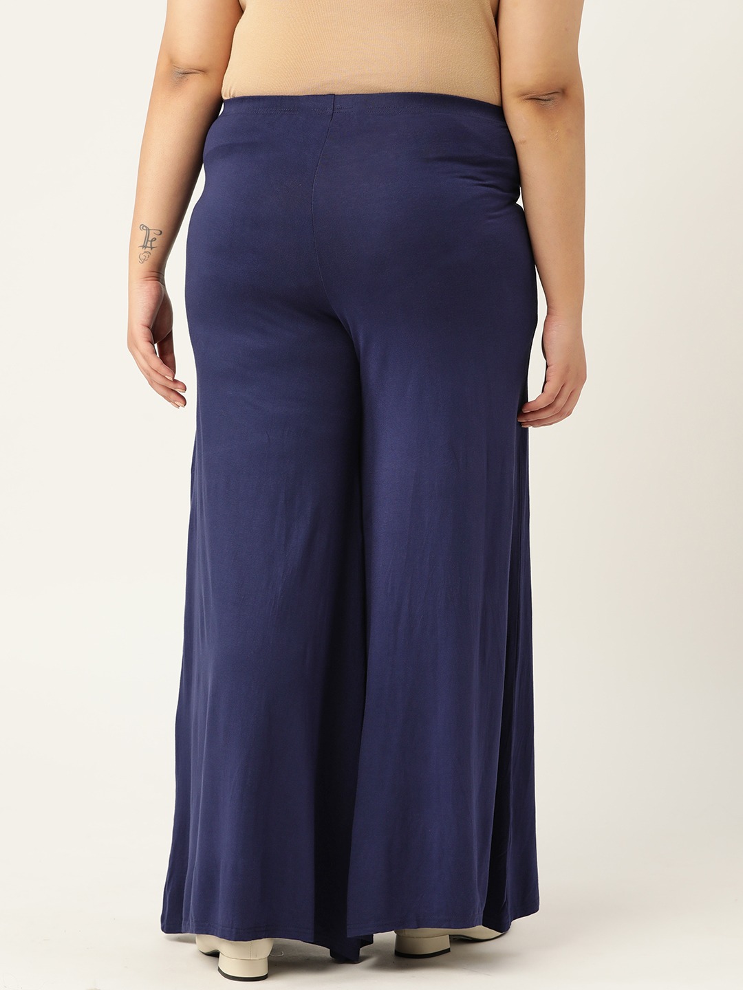 Women's Plus Size Navy Blue Solid Color Knitted Flared Palazzo