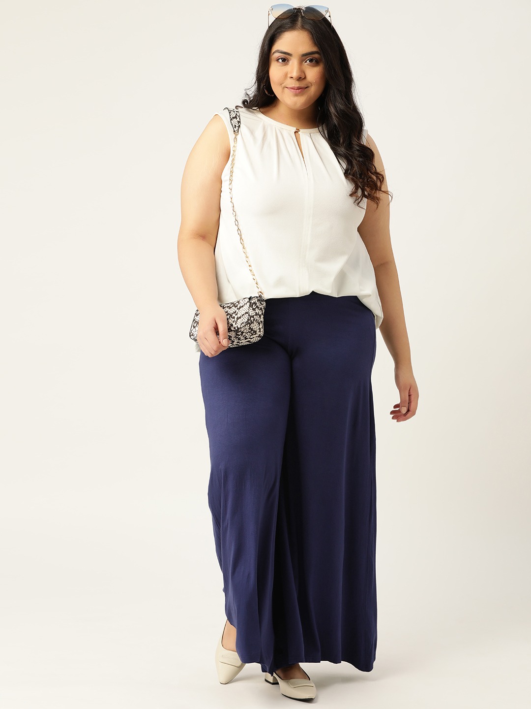 Women's Plus Size Navy Blue Solid Color Knitted Flared Palazzo