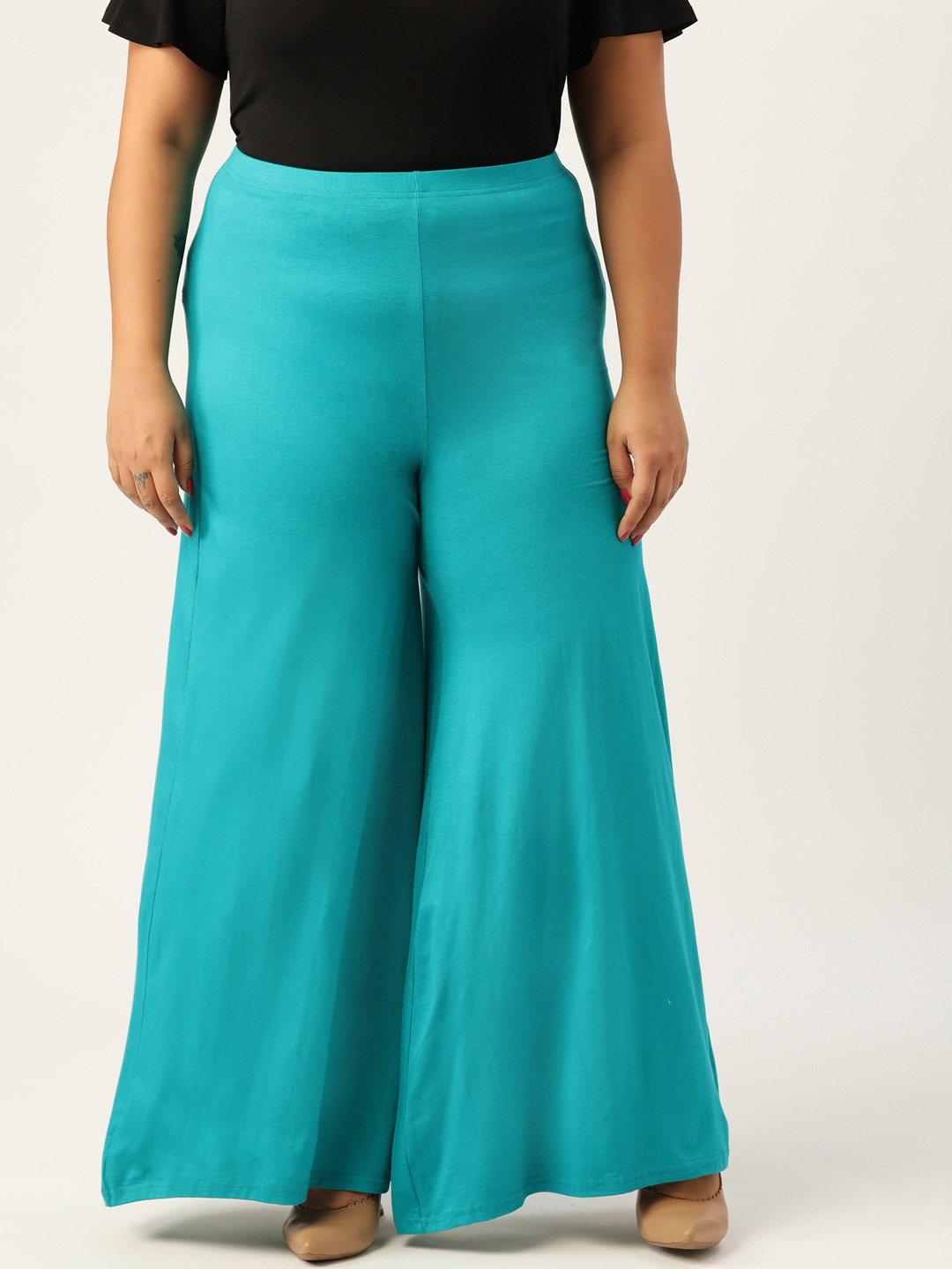 Women's Plus Size Turq Solid Color Knitted Flared Palazzo
