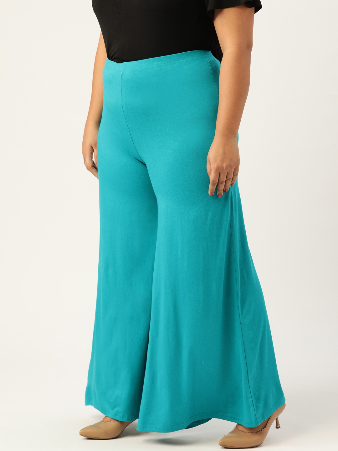 Women's Plus Size Turq Solid Color Knitted Flared Palazzo