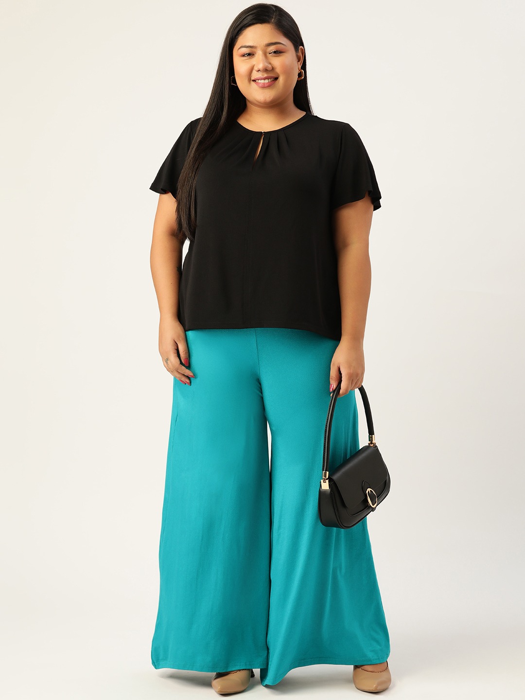 Women's Plus Size Turq Solid Color Knitted Flared Palazzo